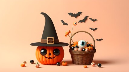 Adorable Halloween Pumpkin with Witch Hat and Candy Basket