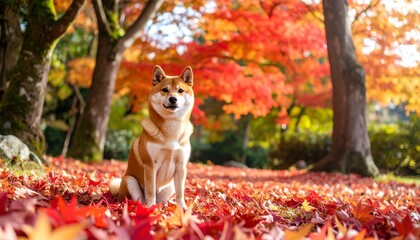 紅葉の中でたたずむ柴犬