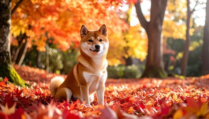 紅葉の中でたたずむ柴犬