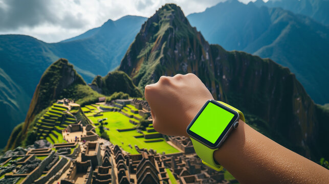 Mockup of Woman’s Wrist Wearing Bright Plain Green Screen Smartwatch on Machu Picchu Peru Mountain Background – Modern Wearable Device Template for Travel App UI, AR Interface, or Adventure Branding