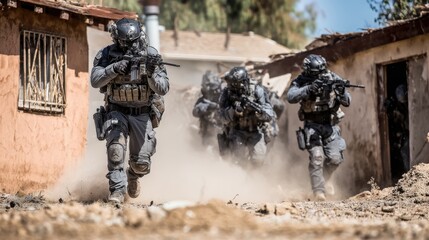 Tactical Team Engages in Urban Training Exercise in Dusty Terrain