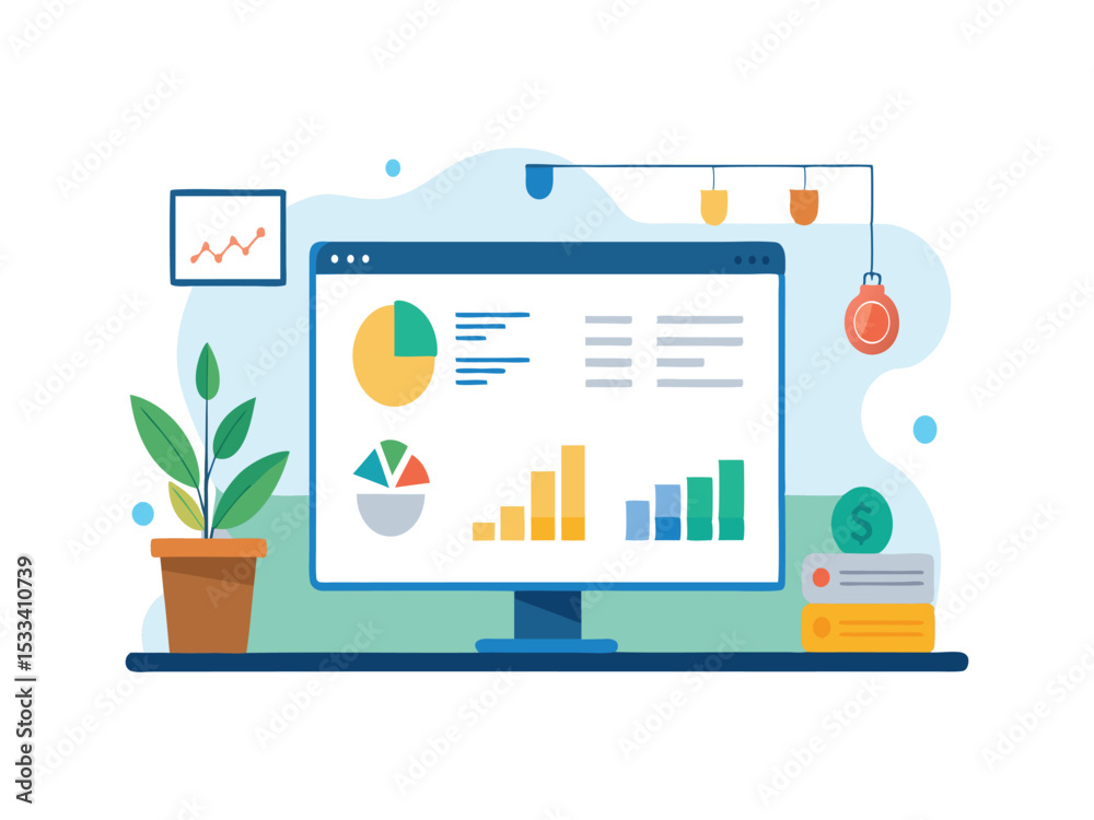 Poster business analytics dashboard displayed on computer screen isolated on white background
