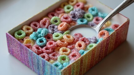 Colorful Cereal Rings in Bright Box with Spoon Ready for Breakfast