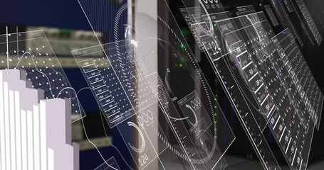 UI panels initiating overlays on server racks, sliding gauges, sweeping graphs showing FX rates - Powered by Adobe