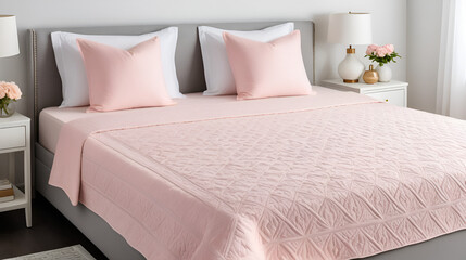 a soft pink bedspread in a delicate pattern neatly arranged with matching pillows on a mattress surrounded by plenty of space for copy
