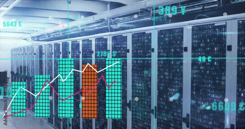 Poster startup animating server racks with overlays sliding bars and rising lines for data monitoring