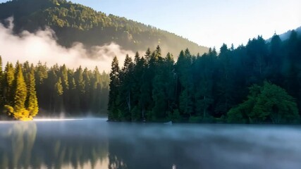 Tranquil scene of morning mist rising from a pristine lake surrounded by evergreen trees and a forested mountain backdrop creating a serene atmosphere - Powered by Adobe