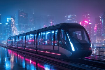 Futuristic Train in Neon Cityscape at Night with Reflection Effects
