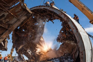 Construction Workers Dismantling Large Steel Structure in Daylight