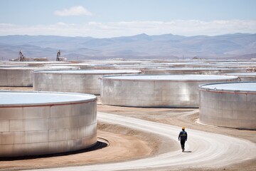 Man Walking Among Industrial Oil Storage Tanks in Desert Landscape