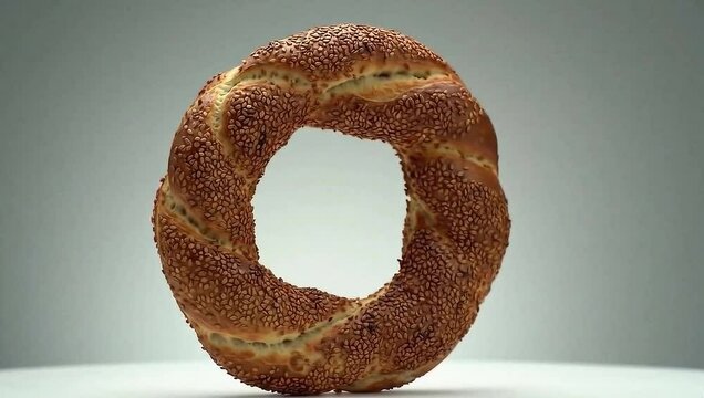 Close up shot of a simit, a turkish street food bagel with sesame seeds