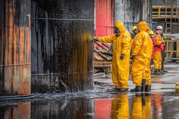 Workers in Hazardous Suits Inspecting Oil Spill Cleanup Process