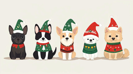 Festive Christmas Costumes for Pets in Cute Vector Set, Pets in Christmas Costumes