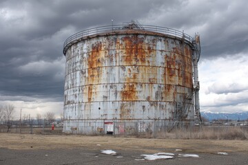 Rusty Industrial Storage Tank Under Dramatic Cloudy Sky