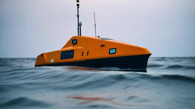 Autonomous vessel on water surface, marine technology for ocean research and data collection, unmanned maritime robot on ocean, surface