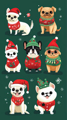 Festive Christmas Costumes for Pets in Cute Vector Set, Pets in Christmas Costumes