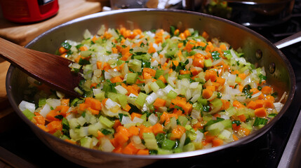 Colorful Vegetable Mixture in Skillet with Raw Ingredients for Joyful Cooking and Culinary Inspiration