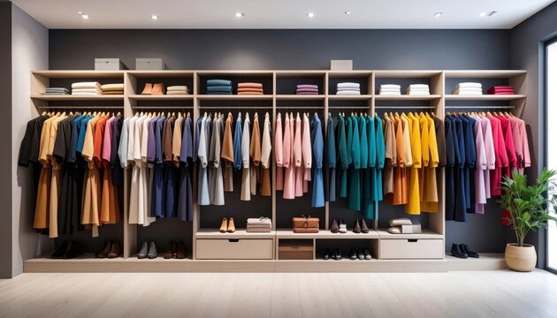 Colorful clothes in a modern closet