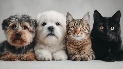 Four pets pose together.