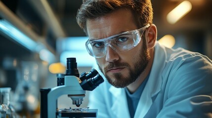 Focused scientist examining a microscope