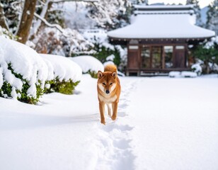 雪景色と柴犬の足跡