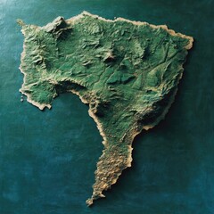 Topographic map of an island.  Detailed 3D relief shows lush green landmasses,  mountainous terrain, and coastal areas.  Dark teal water surrounds the island
