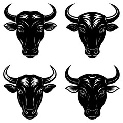 Four stylized black bull heads with horns on a white background in a symmetrical arrangement design