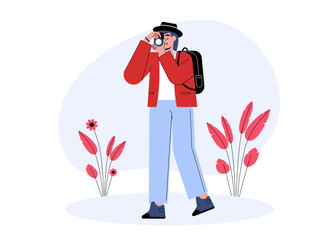 Female photographer goes exploring to capture moments of her adventure. Professional photographer illustration. Cameraman concept. Flat vector illustration.