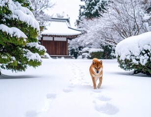 雪景色と柴犬の足跡