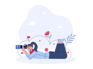 Professional photographer taking photos comfortably outdoors. Professional photographer illustration. Cameraman concept. Flat vector illustration.