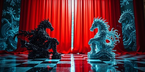 Chess Knights, Red Curtain, Snowflake Jungle, Minimalist Art