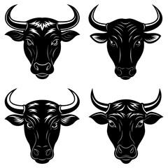 Collection of four detailed black bull heads with varying horn shapes and facial expressions in vector format