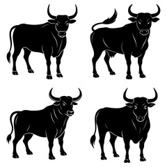 Four black silhouette illustrations of bulls in various poses on a white background image design art