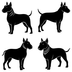 Four black bull terriers in various poses with white outlines against a white background image design