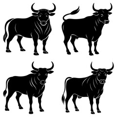 Four black bull silhouettes in various poses standing on a white background in a vector illustration