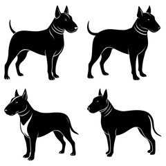 Four bull terrier dogs in black silhouette standing in various poses on a white background image art