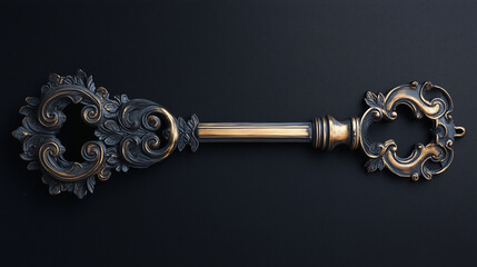 Old bronze key on a black background 