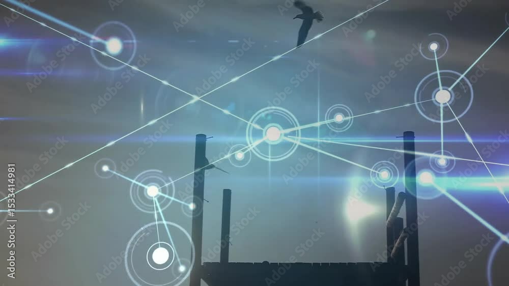 Poster glowing node materializing at dawn with seagulls weaving through expanding network visualizing link