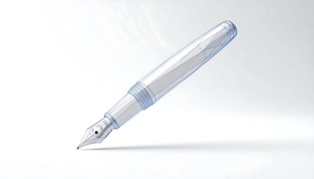 Stylized 3D Polygonal Fountain Pen Design on Pure White Background with High Key Lighting