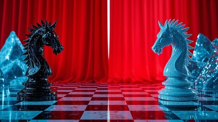 Surreal Chess Knights, Neon Glacier, Red Curtain