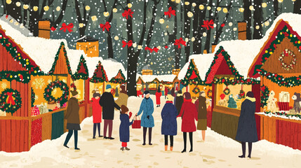Festive Christmas Market Scene with Decorated Stalls, Christmas Market Stalls