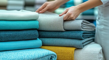 Hands arranging colorful fabric stacks in a store