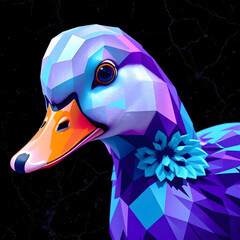 Close-up duck head vector, fragmented geometric low-poly style with neon purple-body gradient.
