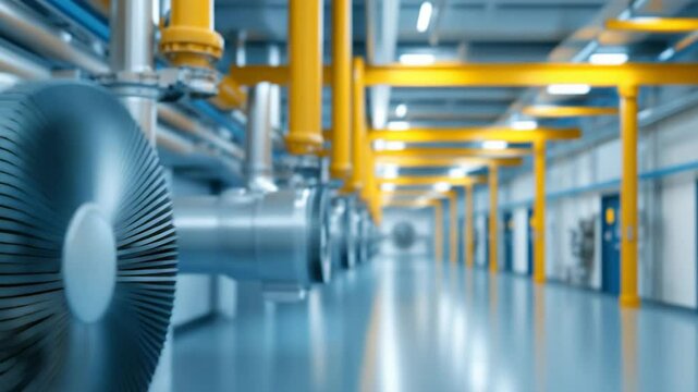 Industrial ventilation system with metal pipes and yellow support beams in factory interior showcasing modern engineering and efficient airflow design for industrial pipe system