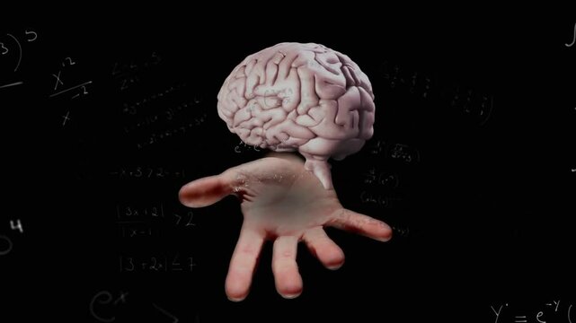 Formulas appearing causing rotating brain levitating above hand, equations floating computing ideas