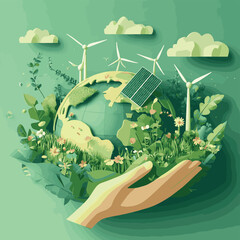 Green energy concept. Solar panels and wind turbines on planet Earth. The human hand holds a green world. Ecologically sustainable energy supply, vector style simple color