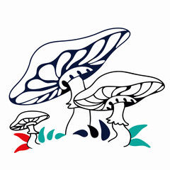 Fototapeta premium Three stylized mushrooms illustration, whimsical design