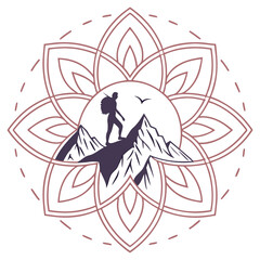 Fototapeta premium Silhouette of a hiker on a mountain peak with a mandala design and birds