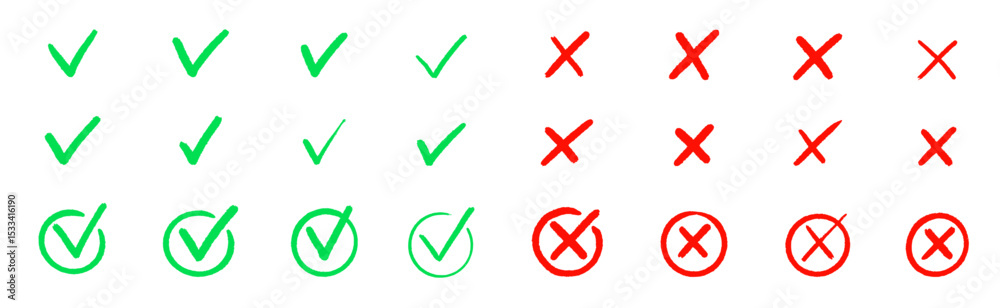 Poster Check tick mark icon set. Cross box x check mark checkbox v list vector draw hand drawn sketch doodle brush marker checklist symbol wrong right circle. Vector Illustration