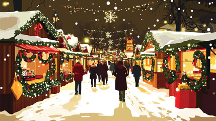 Festive Christmas Market Scene with Decorated Stalls, Christmas Market Stalls